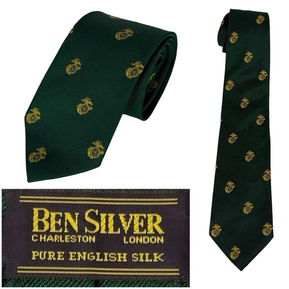 Ben Silver Tie United States Marine Corps Green Pure English Silk Handmade